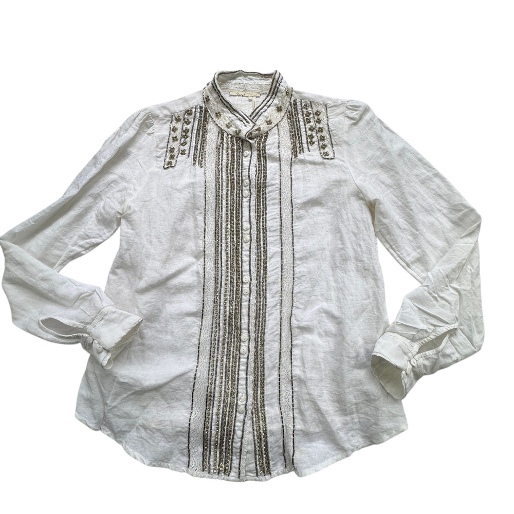 Anthropologie Floreat White Beaded Lace Blouse Womens 4 Boho Linen Cotton Top